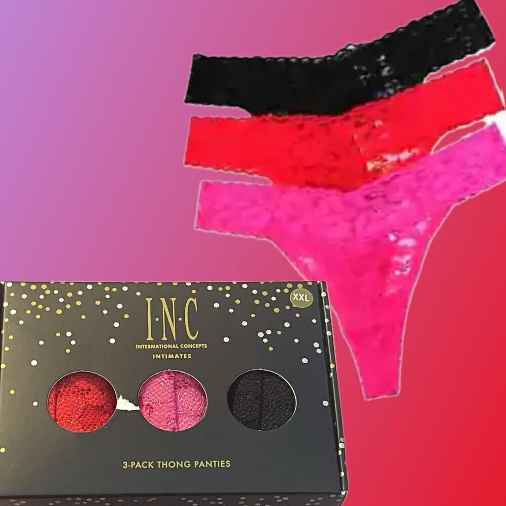 I.N.C XXL Red-Pink-Black Lace Elastic Waist Scallop Detail Thong Panties 3-Pk‎